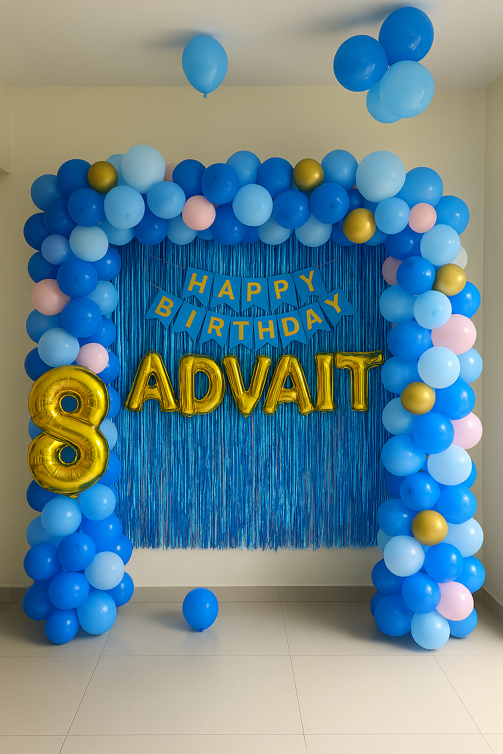 Premium Blue & Gold Birthday Balloon Decor – Custom Home Setup - PARTYFOXX
