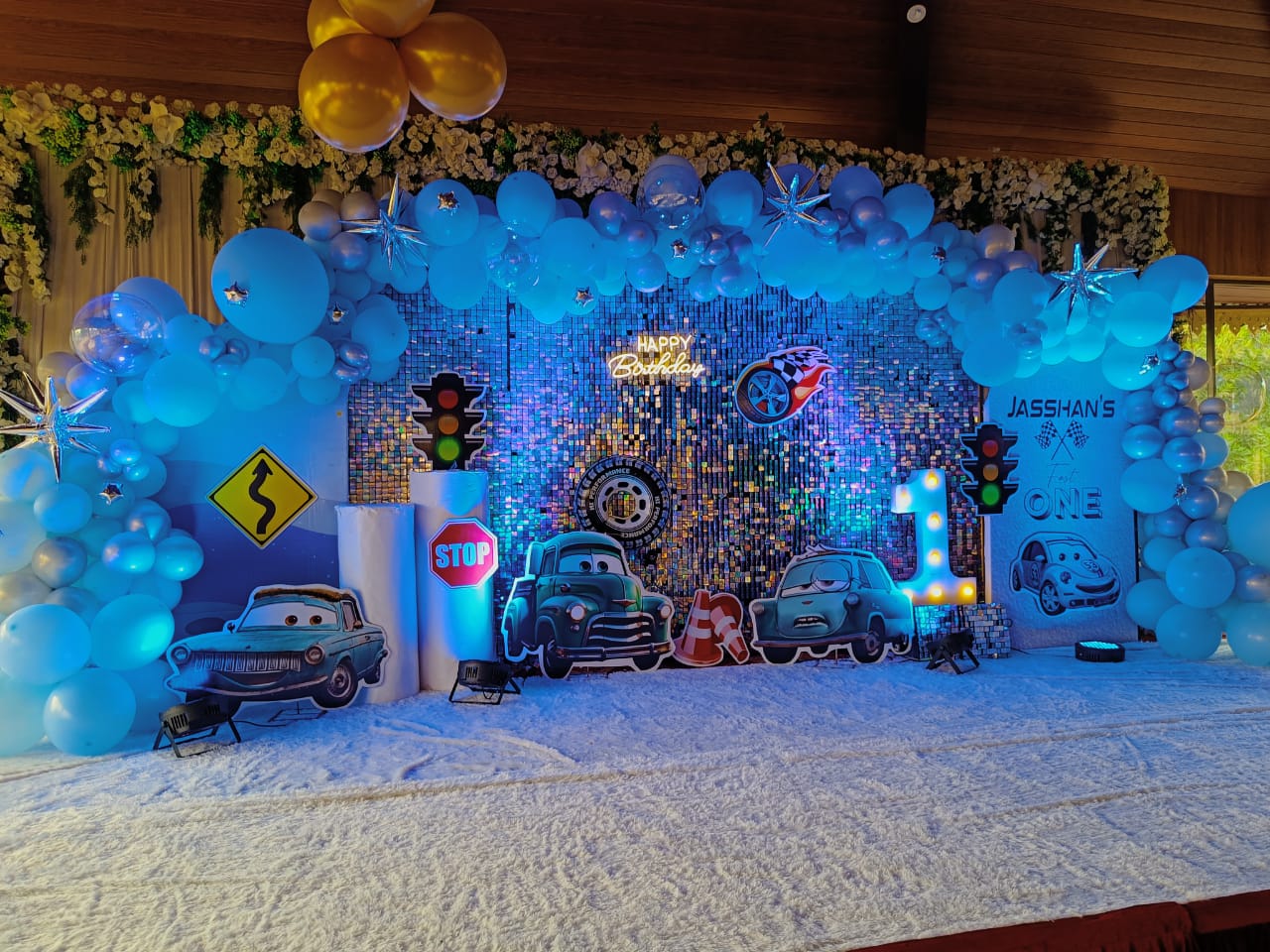 Cars Theme Birthday Decoration with Silver Shimmer Backdrop - PARTYFOXX