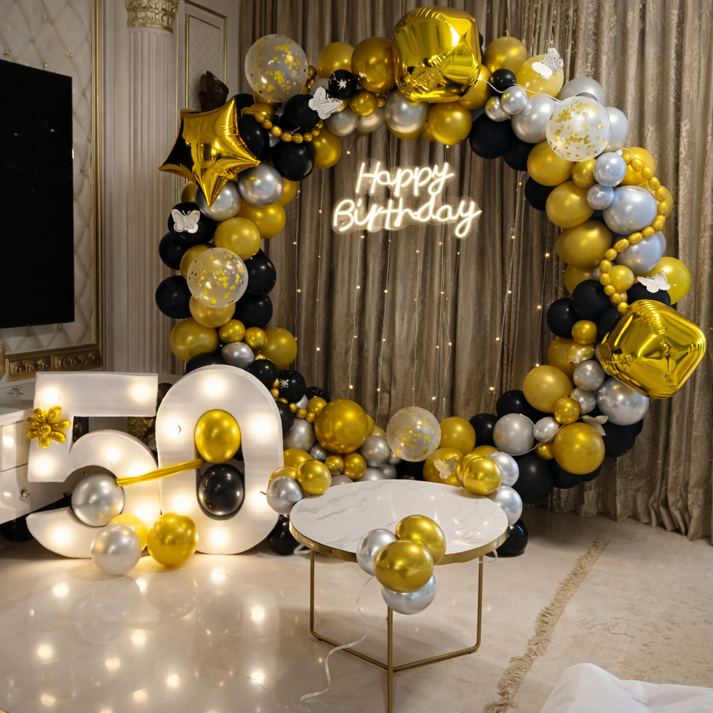 Luxury Black & Gold Ring Backdrop Birthday Decoration - PARTYFOXX