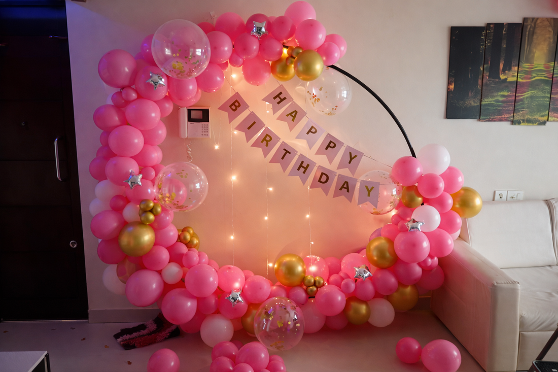 Pink & Gold Balloon Ring Birthday Party Backdrop Decoration - PARTYFOXX