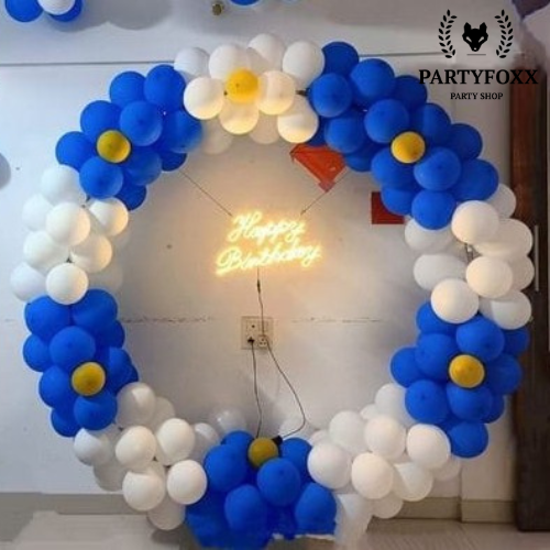 Blue & White Floral Balloon Ring Backdrop for Birthdays - PARTYFOXX