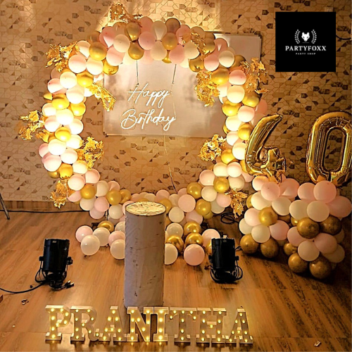 Luxurious Gold, white & Pink Balloon Ring Backdrop for Milestone Birthdays - PARTYFOXX