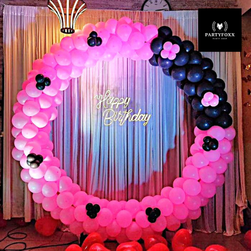 Vibrant Pink & Black Balloon Ring Backdrop for Birthday Celebrations - PARTYFOXX