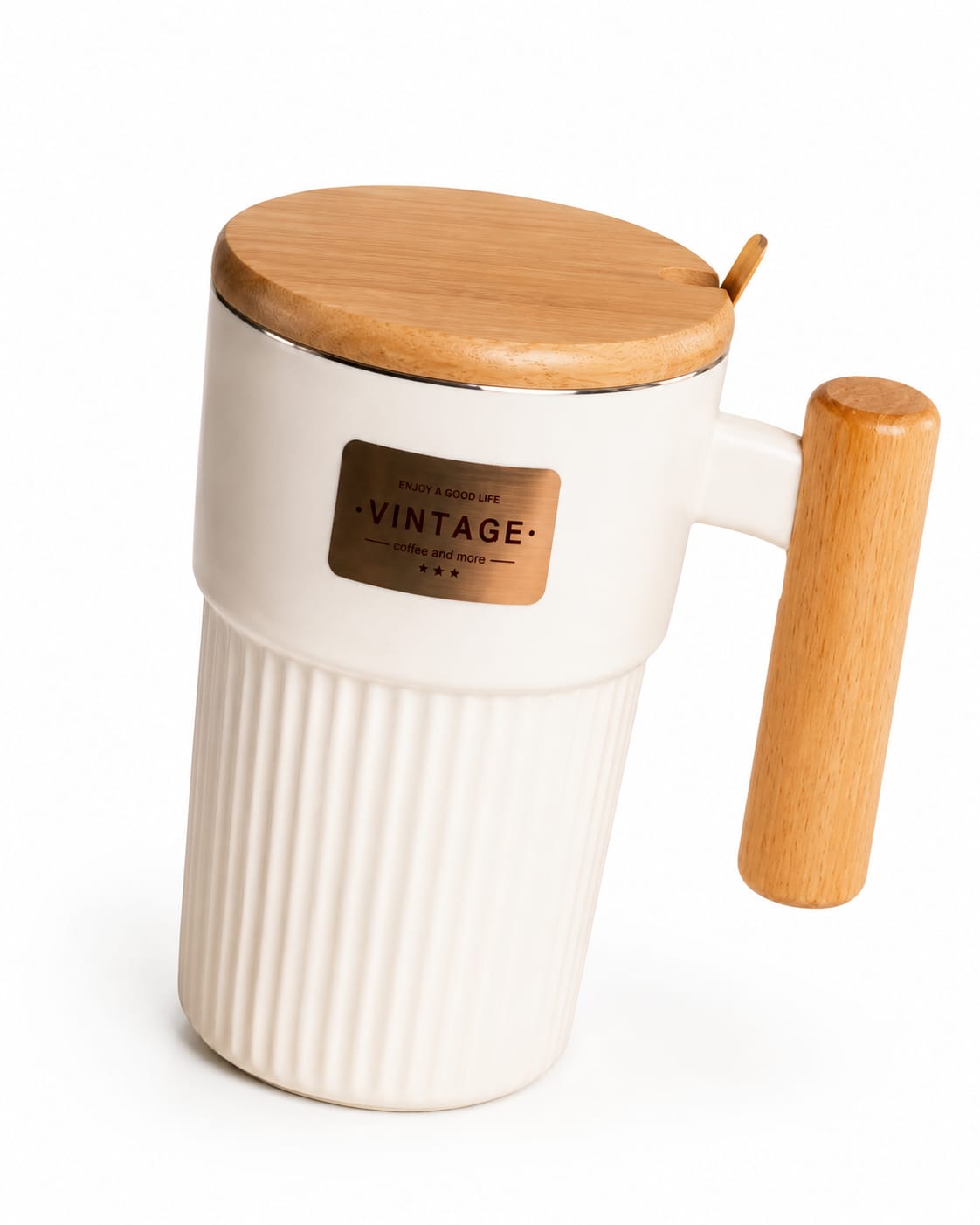 Premium Ribbed Ceramic Coffee Mug with Bamboo Lid, Wooden Handle & Spoon - PARTYFOXX