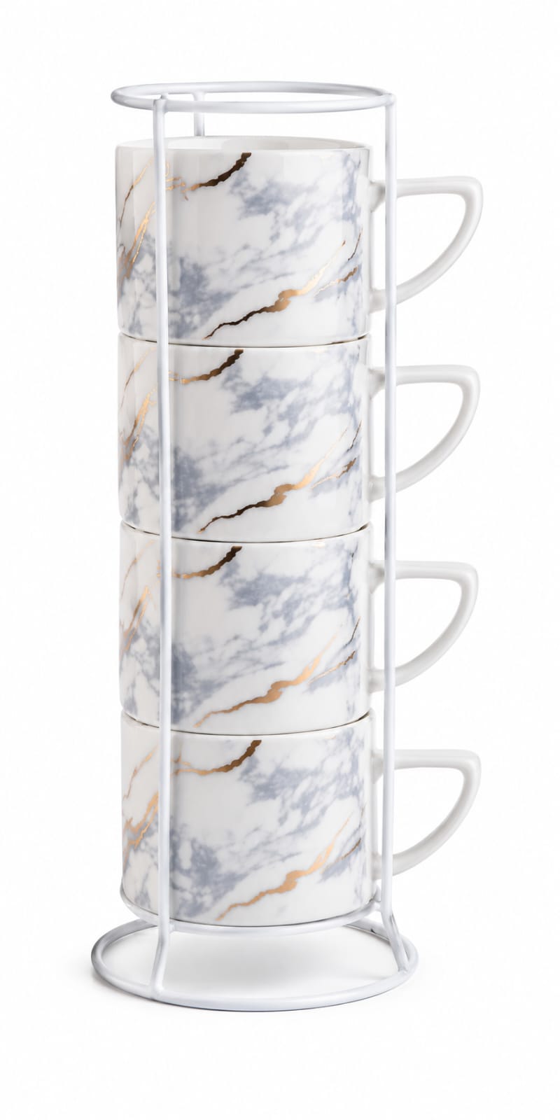 Premium Set of 4 Black Marble Ceramic Coffee Mugs with Metal Stand - PARTYFOXX