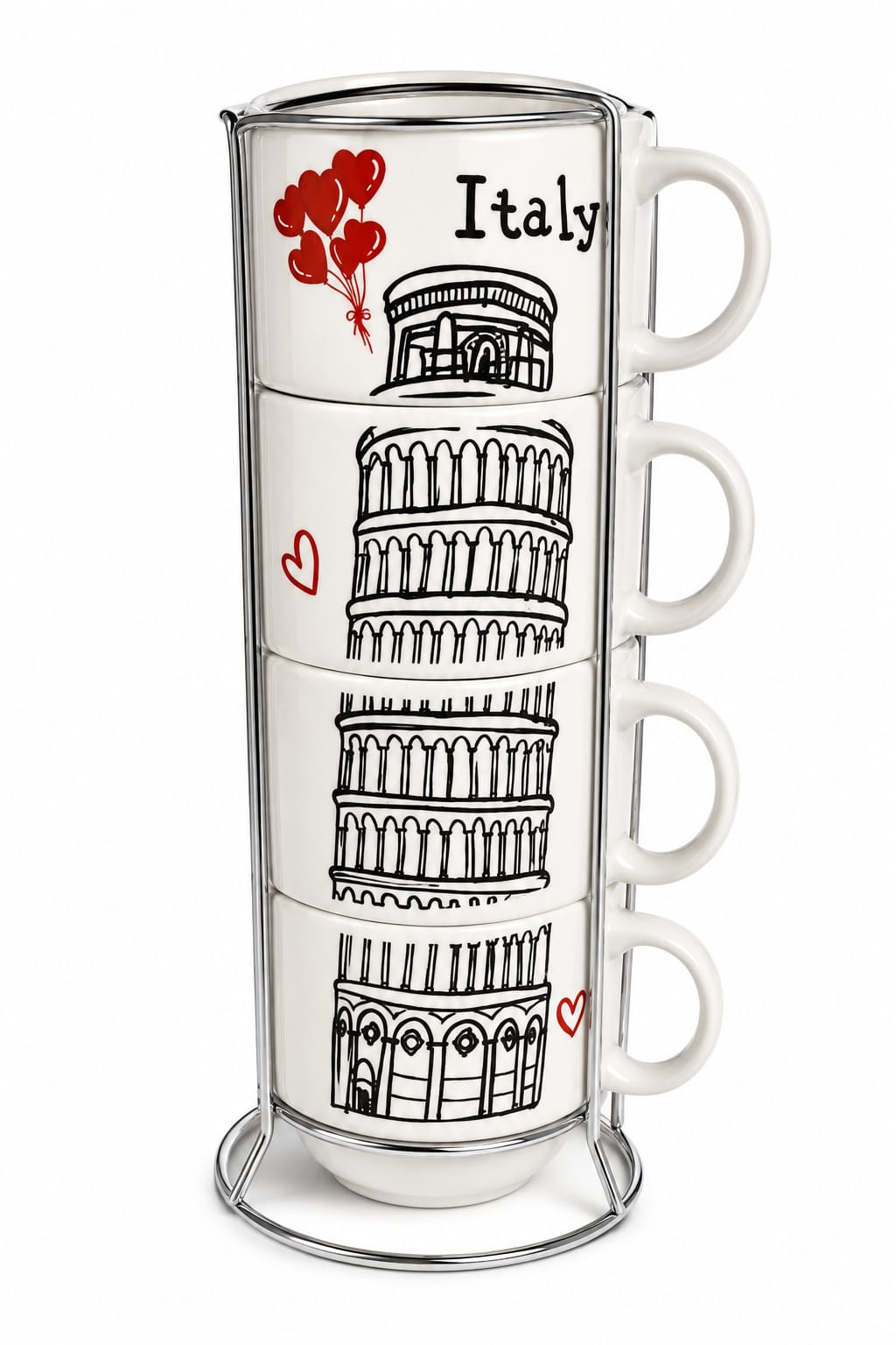 Premium Set of 4 Paris Eiffel Tower Ceramic Coffee Mugs with Metal Stand - PARTYFOXX