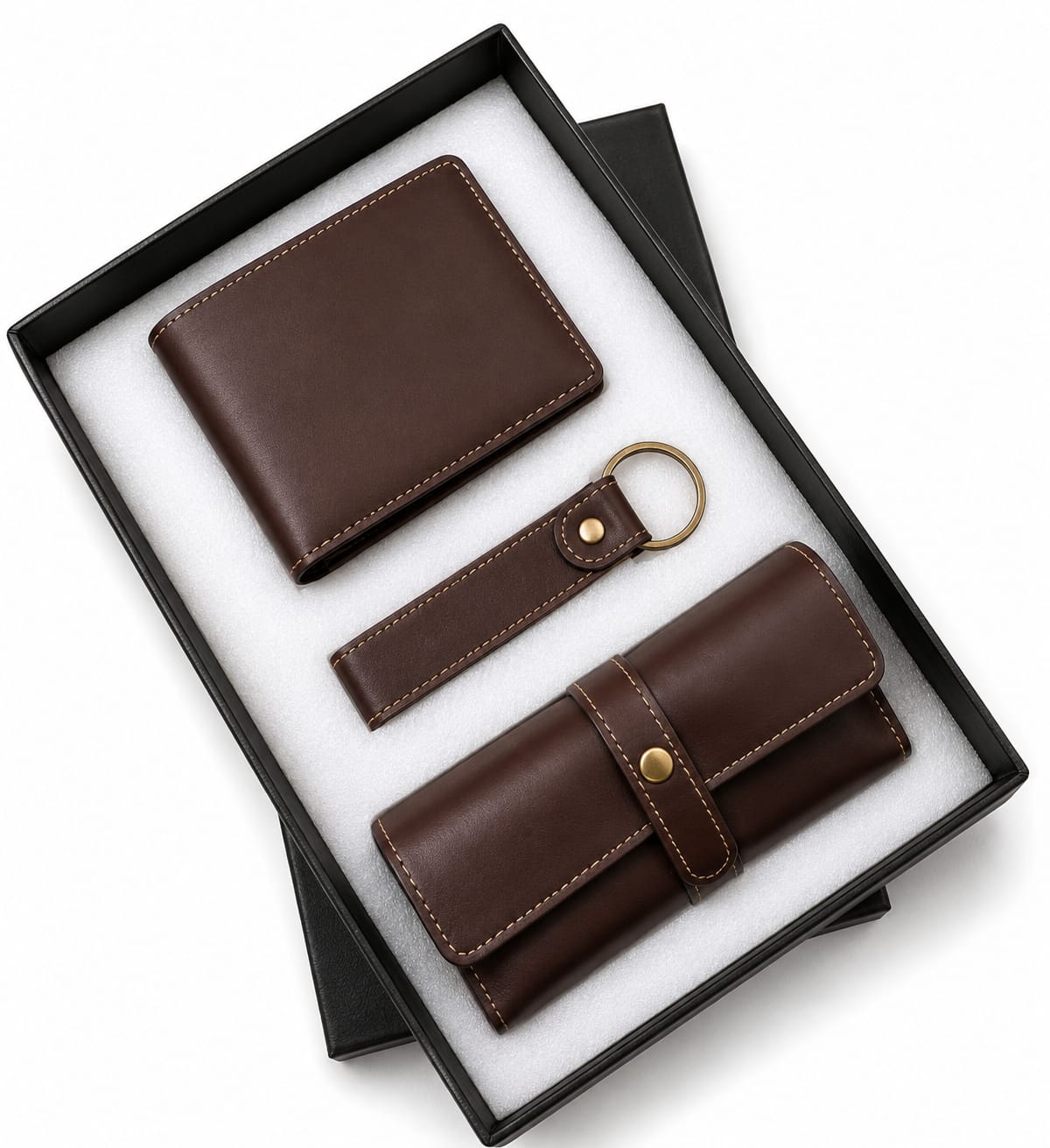 Premium 3-Piece Leather Wallet, Keychain & Utility Pouch Gift Set