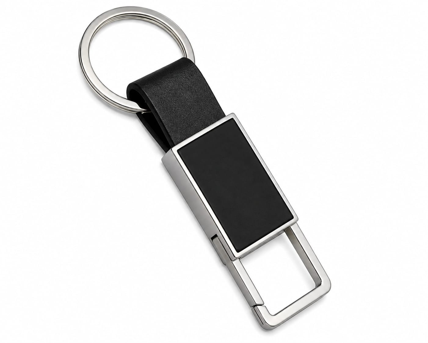 Premium Rectangular Metal Keychain with Black Leather Strap & Open Hook Design