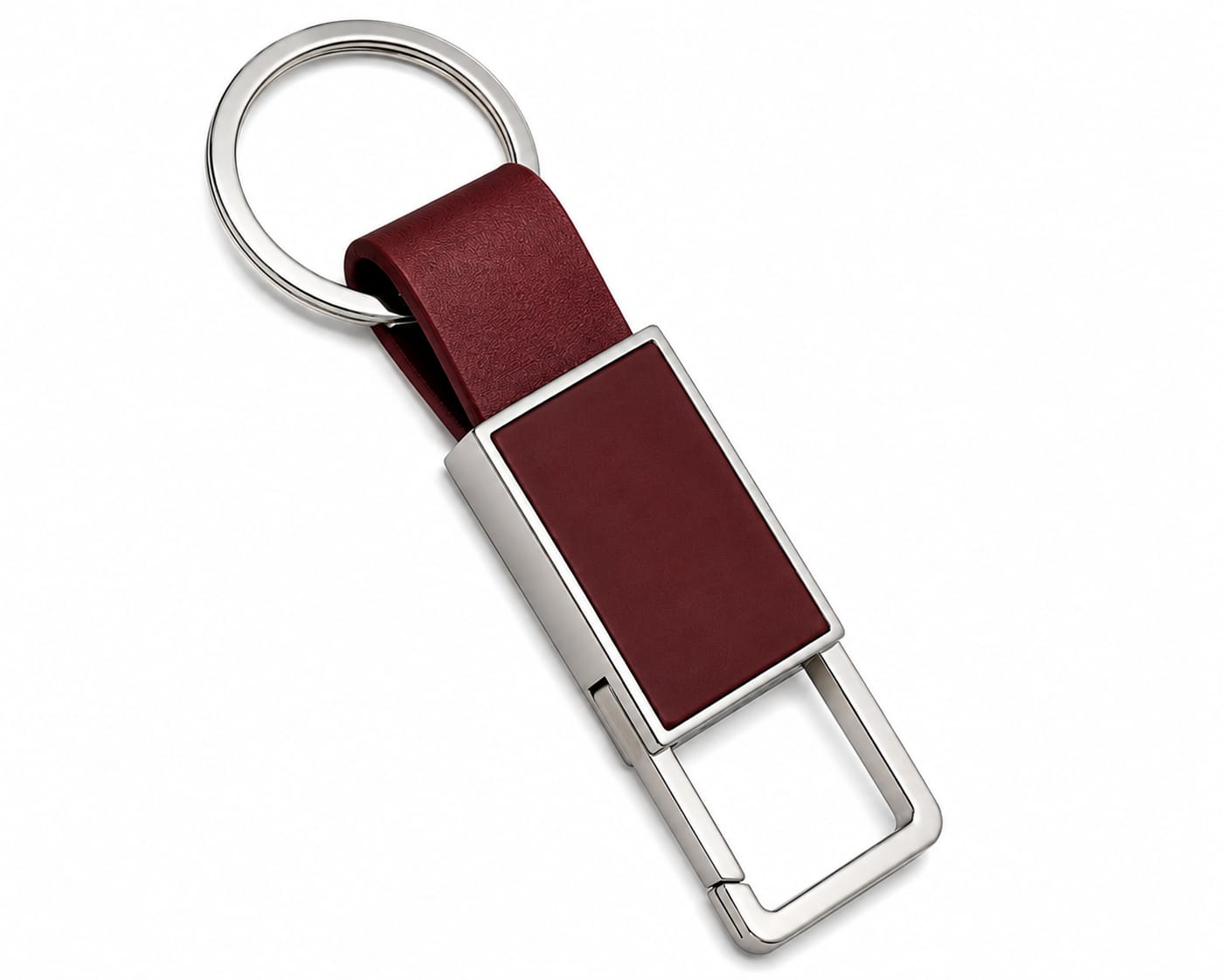 Premium Rectangular Metal Keychain with Maroon Leather Strap & Open Hook Design