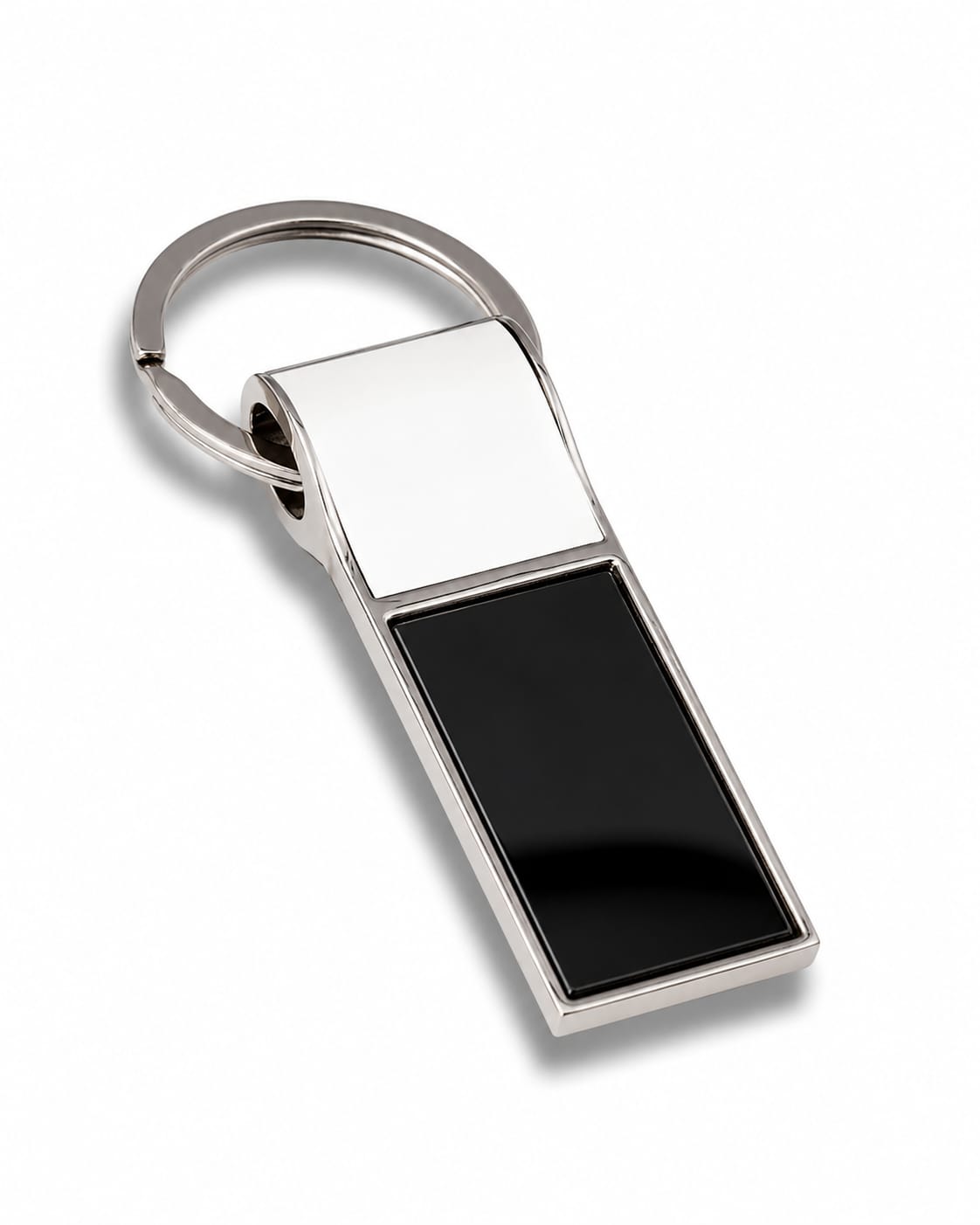 Premium Rectangular Metal Keychain with Polished Silver Black Insert