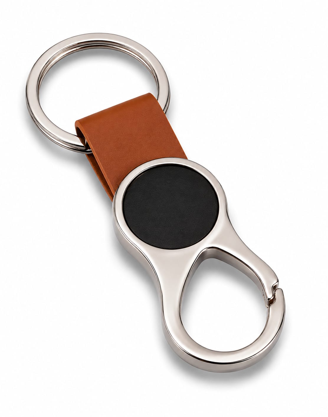 Premium Metal Carabiner Keychain with Brown Leather Strap & Round Black Insert