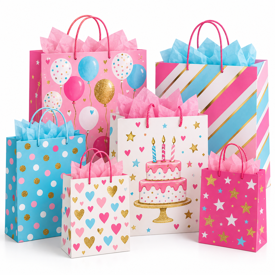 Generic reference image of colourful birthday paper carry bags