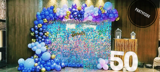 50th Birthday Blue Shimmer Decor with Balloon Arch - PARTYFOXX 