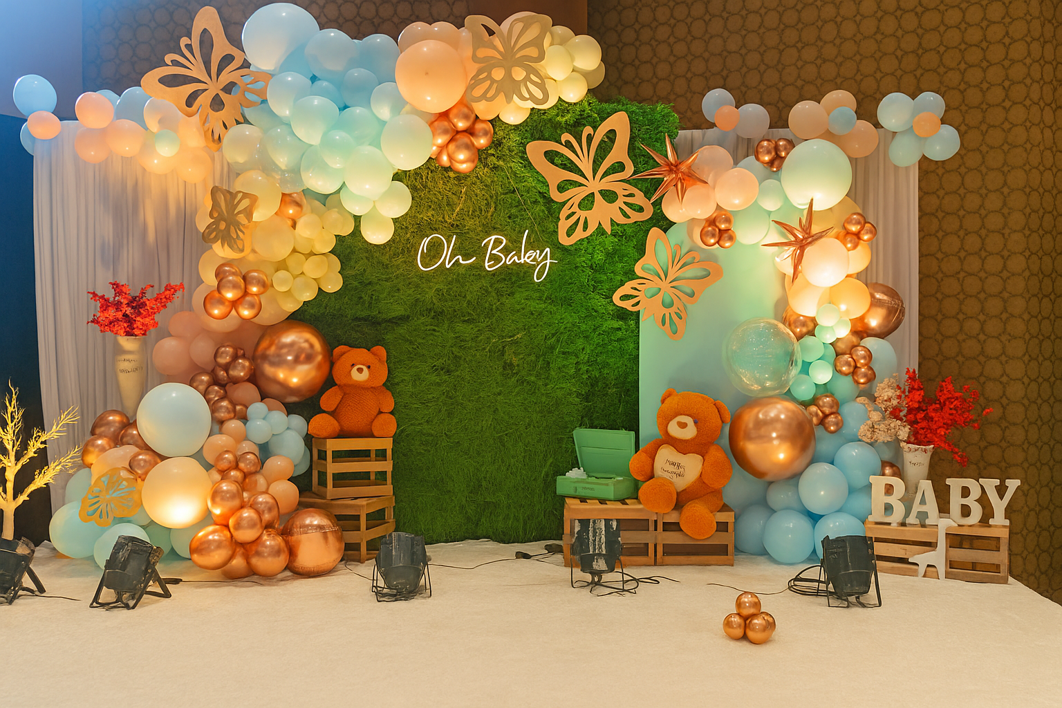 Elegant Butterfly-Themed Baby Shower Decoration – Green Grass & Pastel Setup - PARTYFOXX 