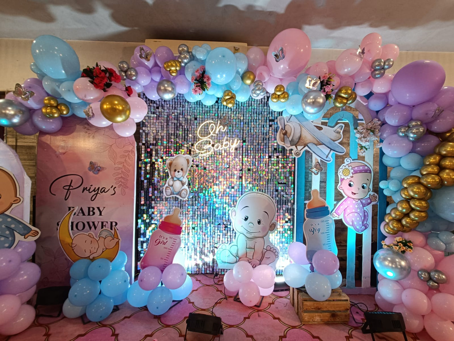 Baby Shower Decoration with Silver Shimmer Backdrop