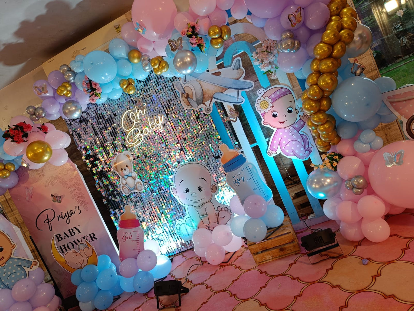 Baby Shower Decoration with Silver Shimmer Backdrop
