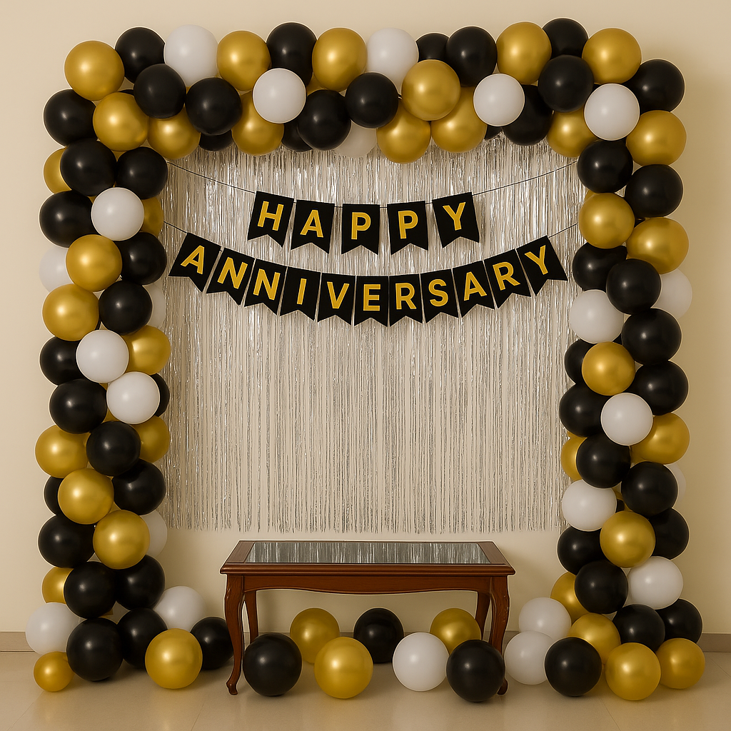 Elegant Black-Gold Wedding Anniversary Balloon Decoration - PARTYFOXX 