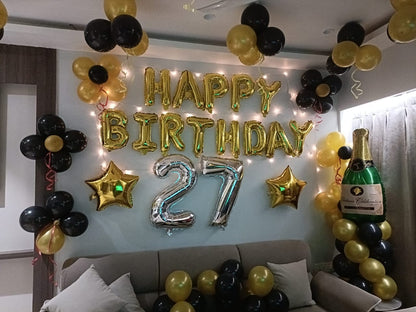 Black & Gold Birthday Party Decoration Set with Champagne Balloons - PARTYFOXX 