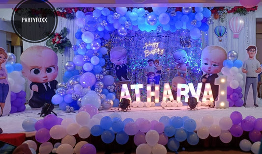 Boss Baby Theme Birthday Decoration with Silver Shimmer Backdrop - PARTYFOXX 