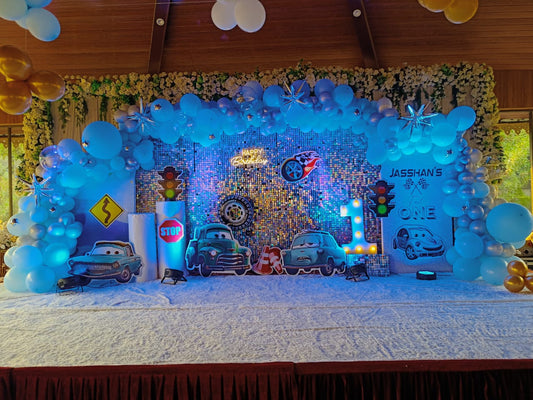 Cars Theme Birthday Decoration with Silver Shimmer Backdrop - PARTYFOXX 
