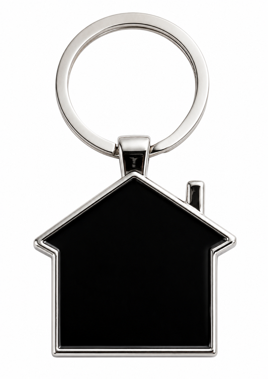 Premium House-Shaped Metal Keychain with Black Center Insert - PARTYFOXX 
