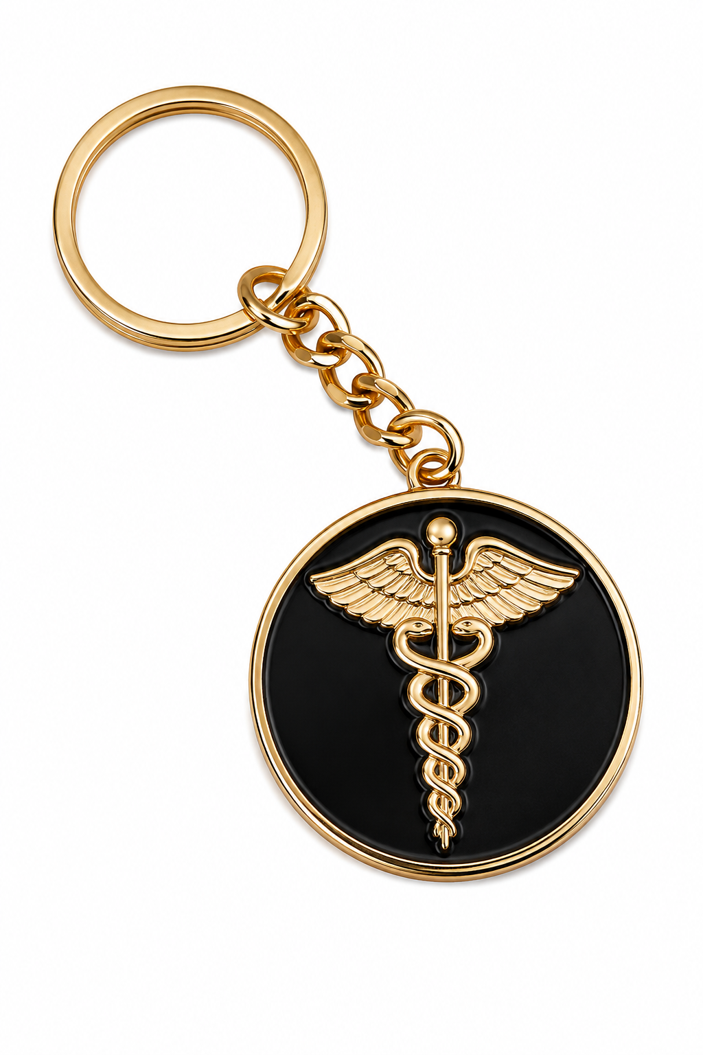 Premium Medical Caduceus Round Metal Keychain with Black & Gold Finish