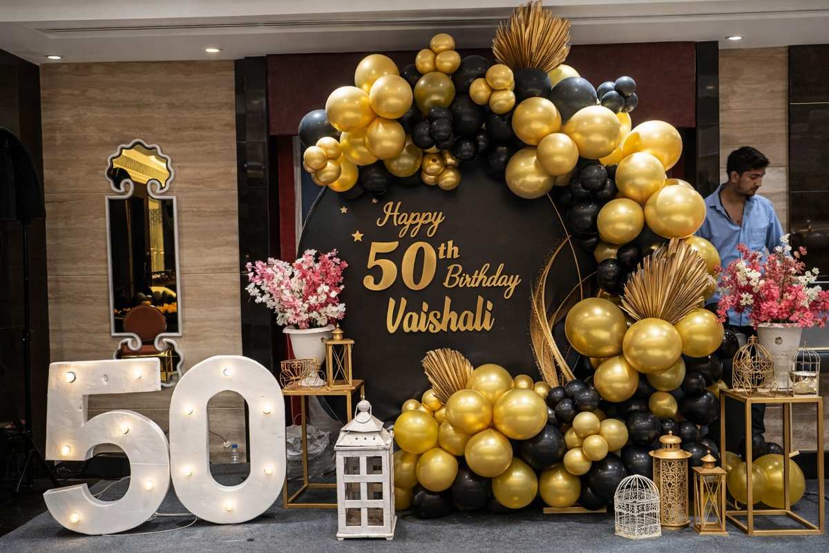 Wild One Elegant Black & Gold Birthday Party Ring Backdrop - PARTYFOXX 