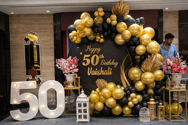 Wild One Elegant Black & Gold Birthday Party Ring Backdrop - PARTYFOXX 