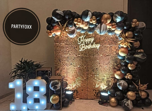 Gold Shimmer Backdrop with 1000+ Balloon Decor - PARTYFOXX 