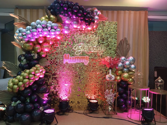 Gold Shimmer Backdrop with 1000+ Balloon Decor - PARTYFOXX 