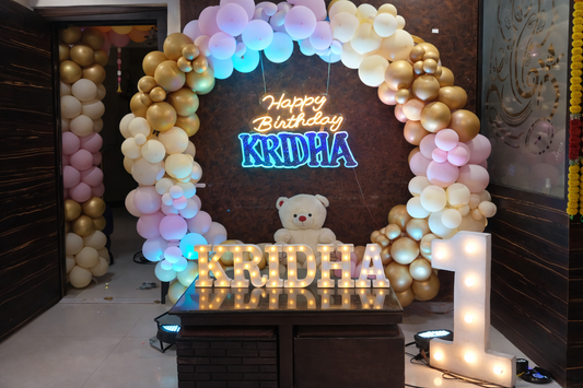 Pastel Gold Ring Theme Birthday Decoration with Name & Neon Sign - PARTYFOXX 