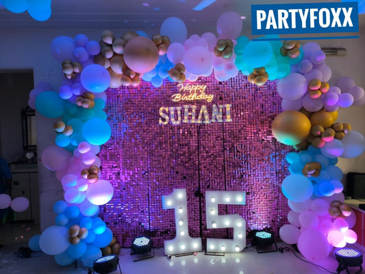 Pink Shimmer Backdrop with 1000+ Balloon Decor for 15th Birthday - PARTYFOXX 