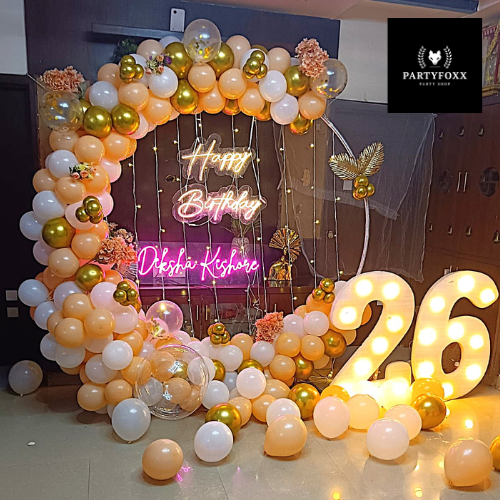 Personalized Gold & Peach Balloon Ring Backdrop for Birthday Celebrations - PARTYFOXX 