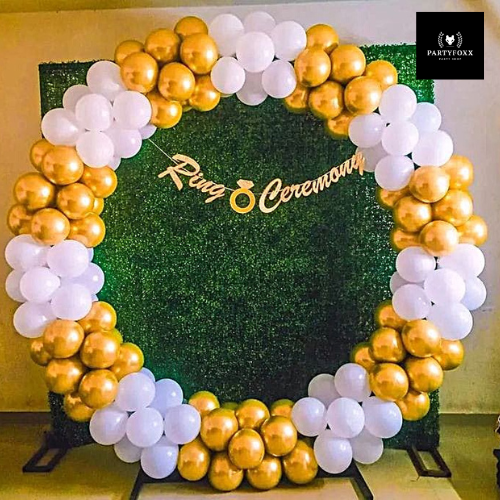 Elegant Gold & White Balloon Ring Backdrop for Ring Ceremony - PARTYFOXX 