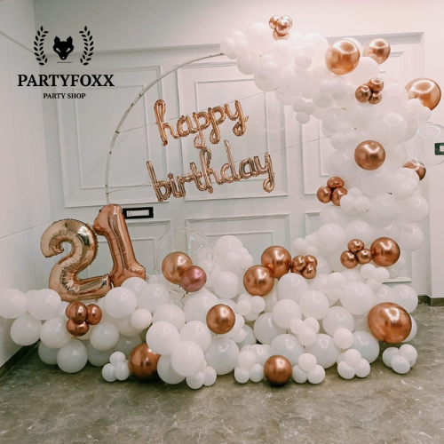 Elegant White & Rose Gold Balloon Ring Backdrop for 21st Birthday Celebrations