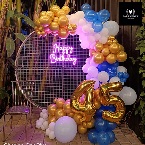 Bold Blue, White, Gold Balloon Ring Backdrop for 45th Birthday Celebrations - PARTYFOXX 