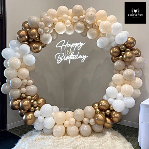 Elegant White & Gold Balloon Ring Backdrop for 15th Birthday Celebrations