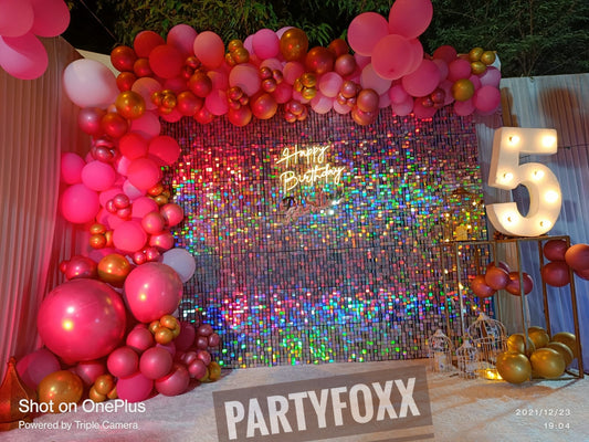 Pink & Gold Shimmer Backdrop with 1000+ Balloon Decor - PARTYFOXX 