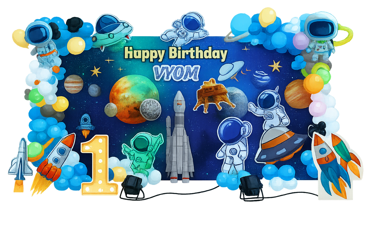Space Theme Birthday Decoration – Astronaut & Galaxy Setup - PARTYFOXX 