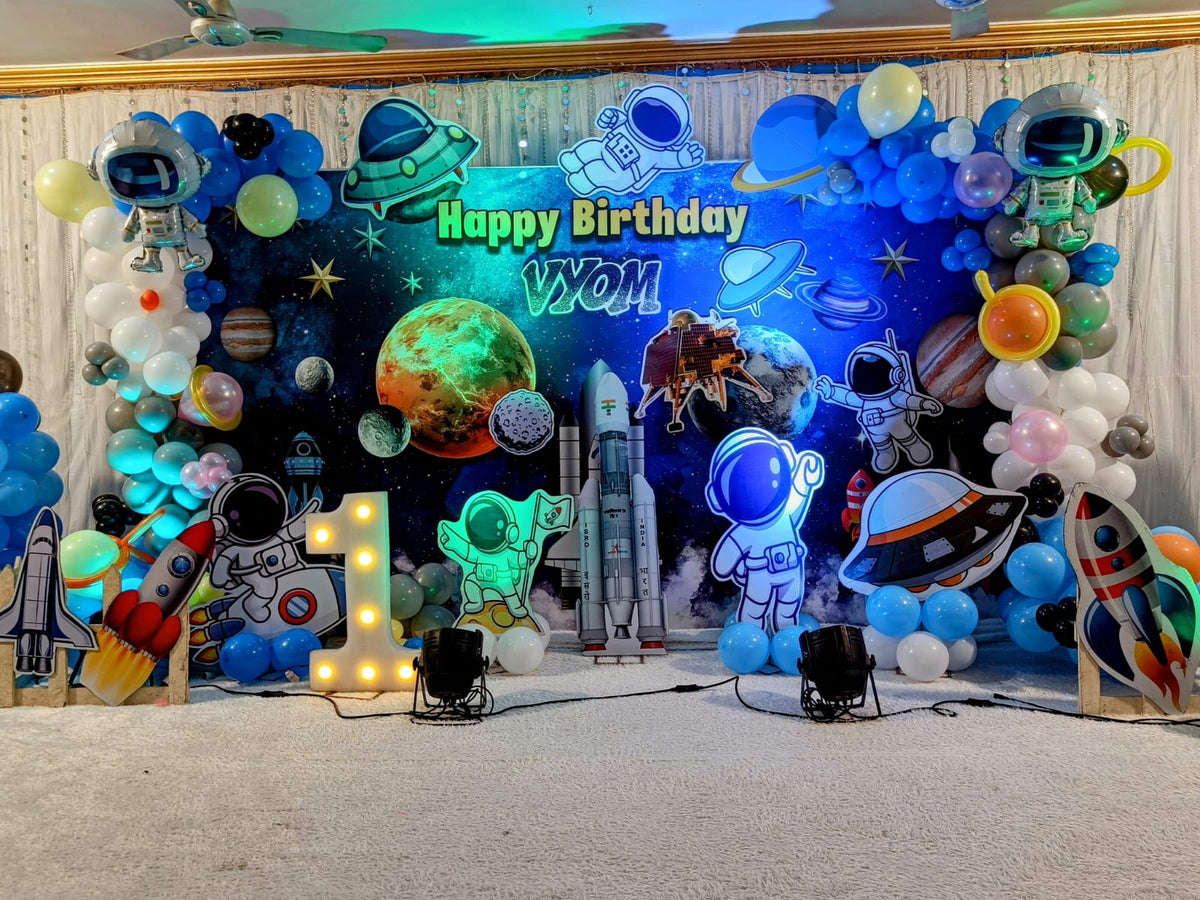 Space Theme Birthday Decoration – Astronaut & Galaxy Setup - PARTYFOXX 