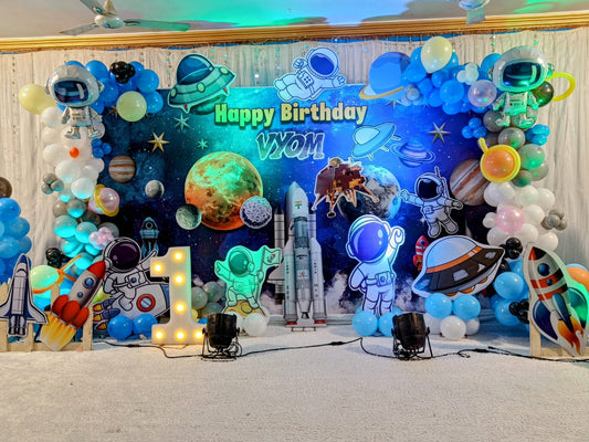 Space Theme Birthday Decoration – Astronaut & Galaxy Setup - PARTYFOXX 