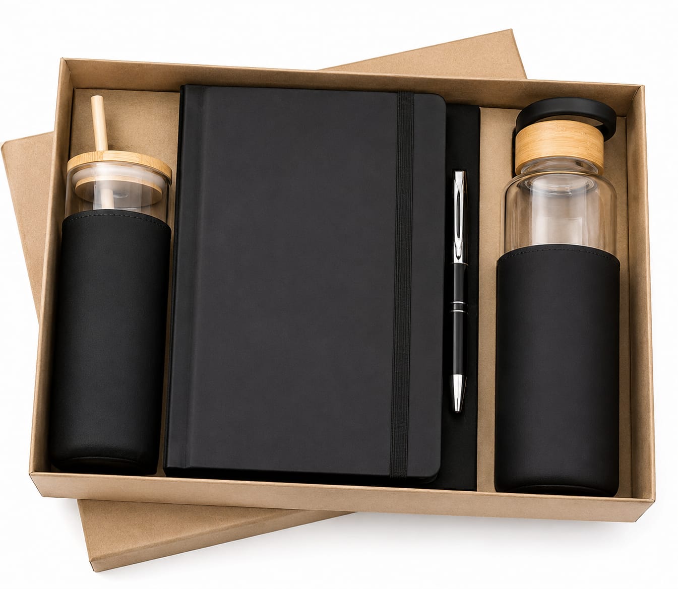 Glass Bottle, Glass Cup, Elastic Diary & Pen Gift Set