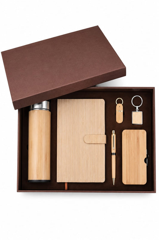 Wooden Diary, Power Bank, Bottle, Pen & Keychain Corporate Gift Set - PARTYFOXX 