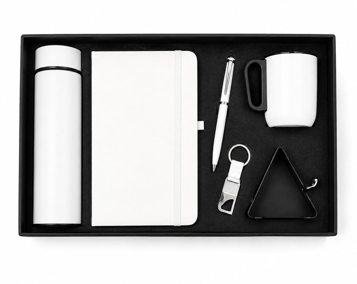 Elastic Diary, Bottle, Apple Cup, Mobile Stand, Pen & Keychain Corporate Gift Set - PARTYFOXX 