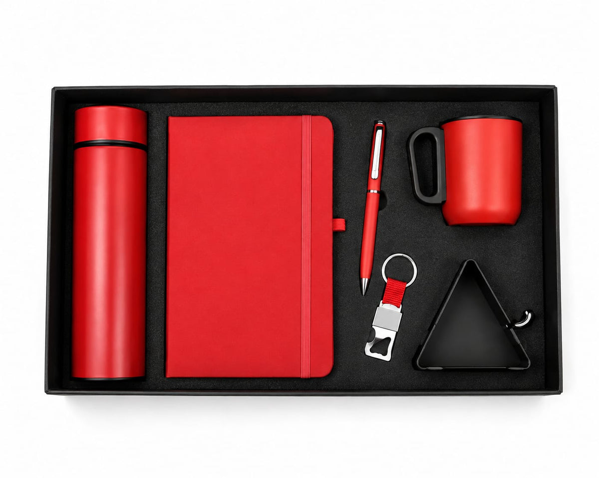 Elastic Diary, Bottle, Apple Cup, Mobile Stand, Pen & Keychain Corporate Gift Set - PARTYFOXX 