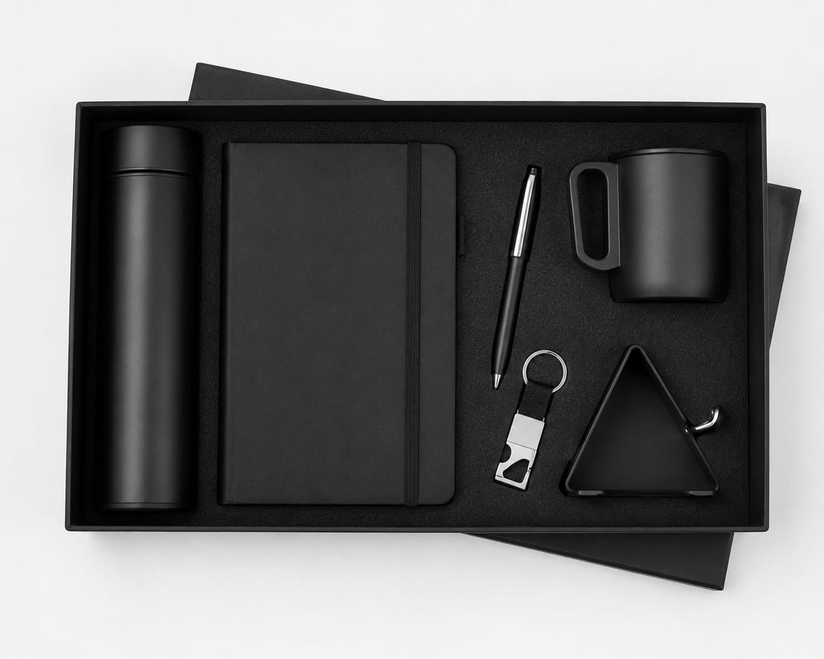 Elastic Diary, Bottle, Apple Cup, Mobile Stand, Pen & Keychain Corporate Gift Set - PARTYFOXX 
