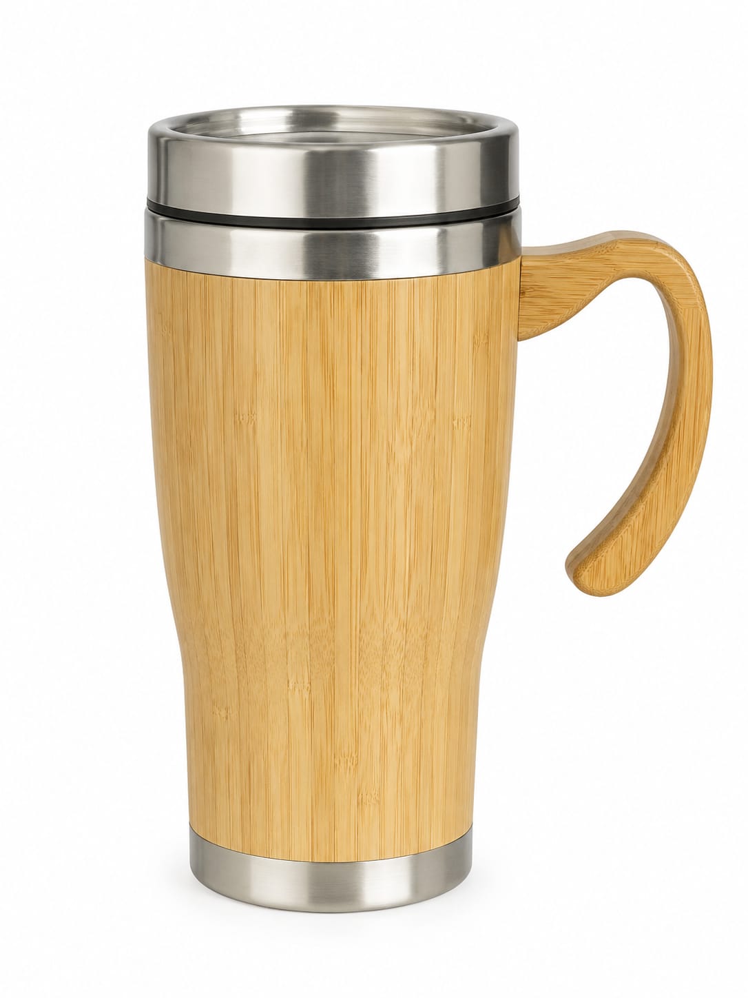 Bamboo Finish Stainless Steel Travel Mug with Handle - PARTYFOXX 