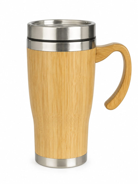 Bamboo Finish Stainless Steel Travel Mug with Handle - PARTYFOXX 