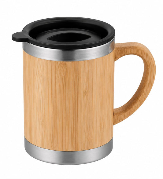 Bamboo Finish Stainless Steel Coffee Mug with Handle - PARTYFOXX 