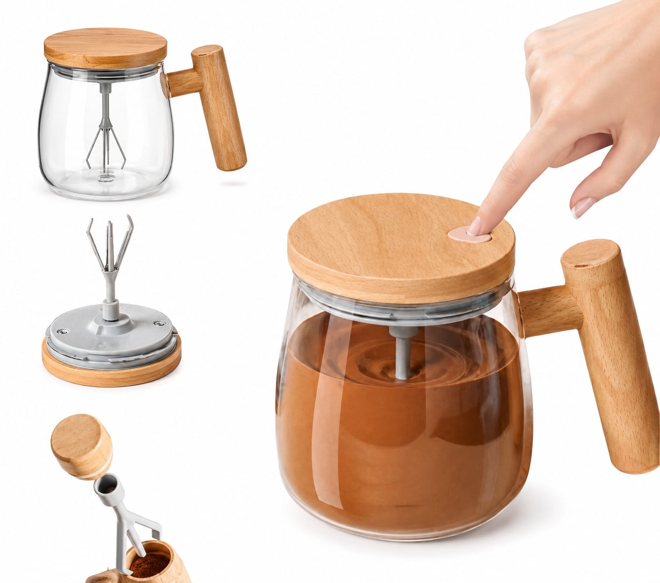 Premium Self-Stirring Glass Coffee Mug with Wooden Handle - PARTYFOXX 